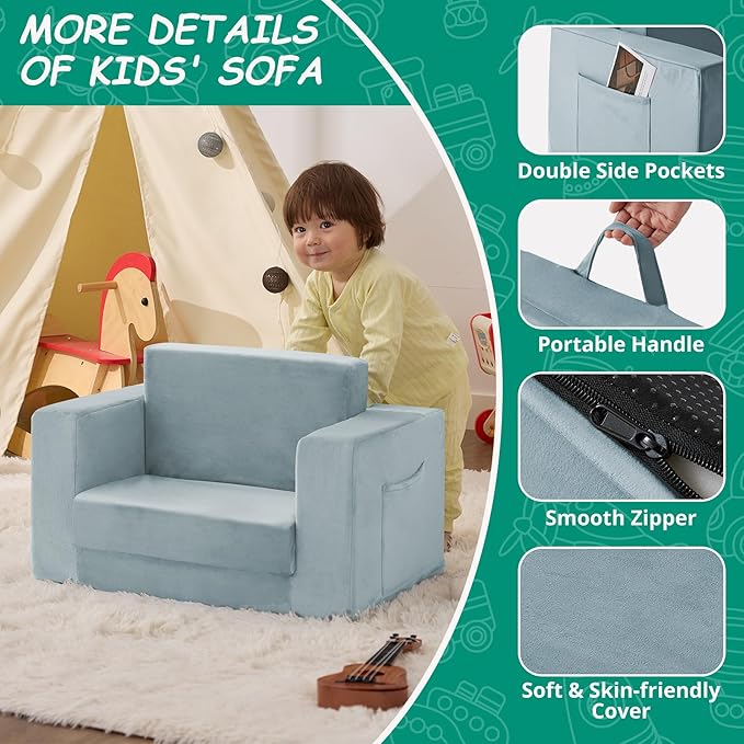 Kids Couch, 2-in-1 Toddler Chair Comfy 1-3 Years, Convertible Kids Chair