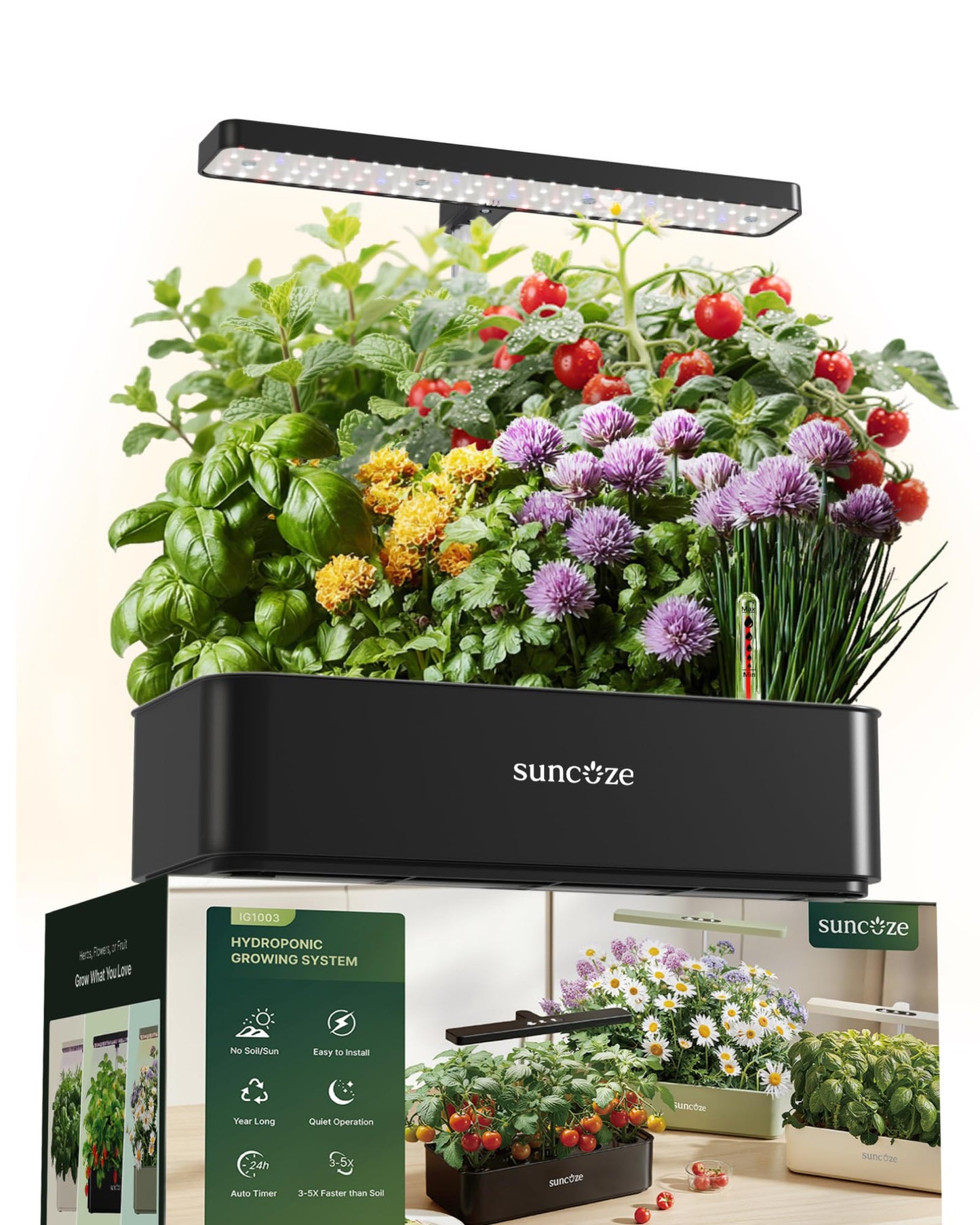 SUNCOZE Hydroponics Growing System Kit 12 Pods, 24W LED Grow Light Indoor Garden, 4L Water Tank with Quiet Pump, Adjustable Height Herb Garden Planter Indoor Kit, Gardening Gifts, Black