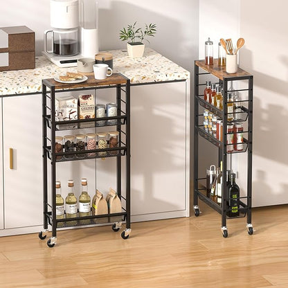 Slim Rolling Cart, 4-Tier Narrow Kitchen Storage Cart, Slim Utility Cart on Wheel, Skinny Bathroom storage cart with Wood Tabletop, 6.0" Deep, For Kitchen, Dining Room, Living Room, Laundry Room