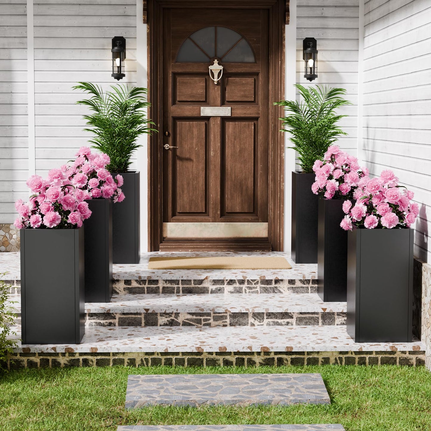 Diyfire Black Tall Metal Planters Box for Outdoor Plants 6 Pack- 23.6" H Steel Tall Square Planter with Removable Insert Shelf, Modern Heavy Duty Pedestal Planter Front Porch Decor Patio Garden
