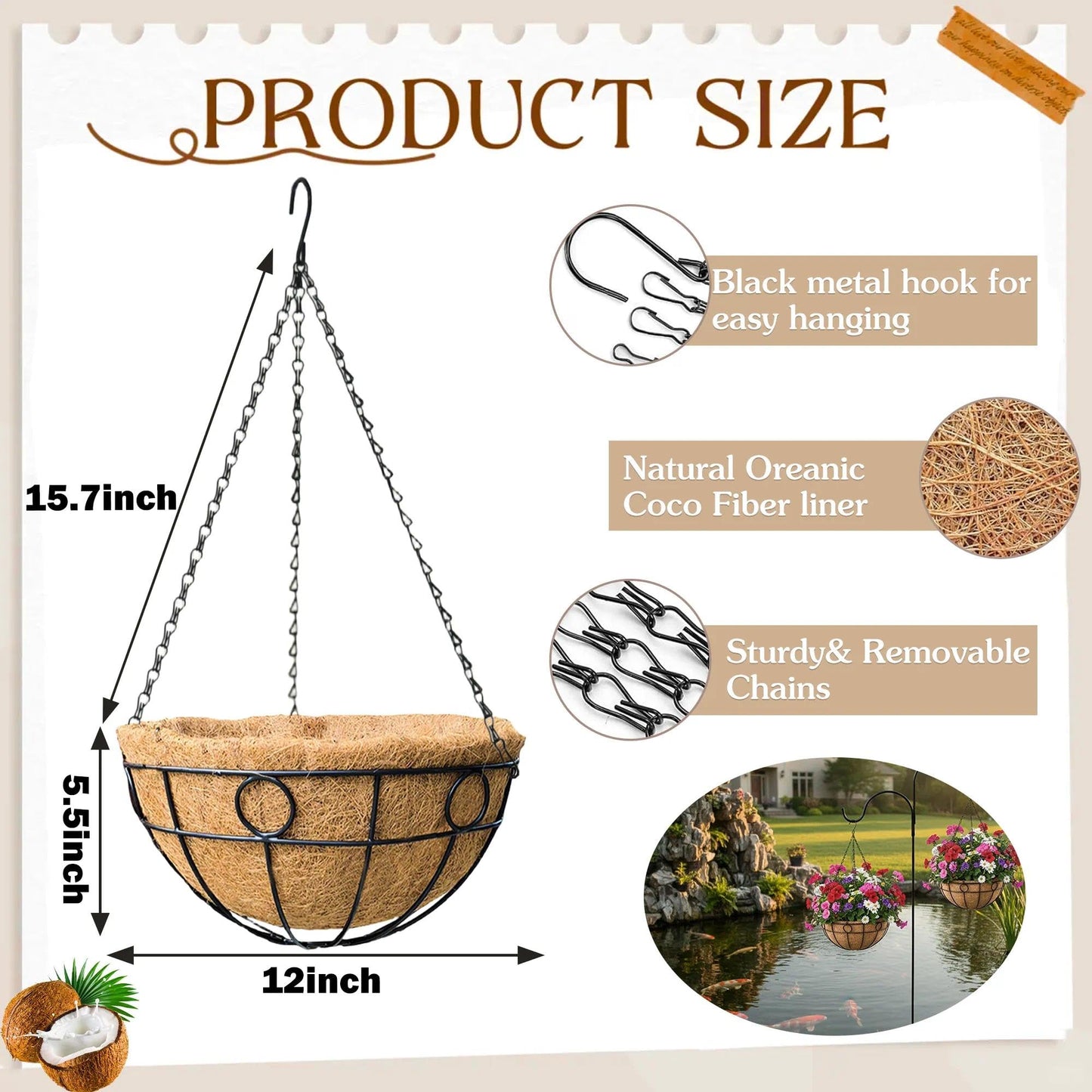 KIDYBELL 2 Pack 12 inch Black Round Metal Wire Hanging Planter Basket Outdoor Hanging Baskets Indoor with Coco Liner Pot Plant Holder for Home Garden Balcony Decor
