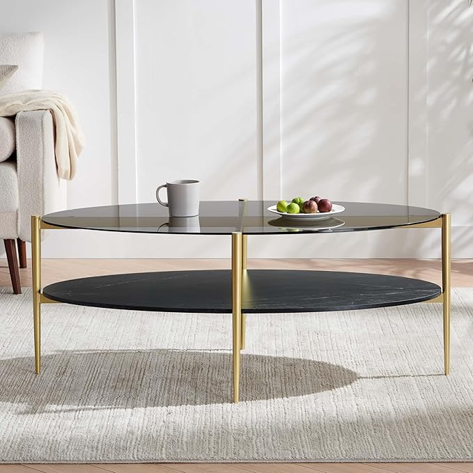 LumFurn Oval Glass Coffee Table, Mid-Century Modern Design, L43 x W22 x H17 inch