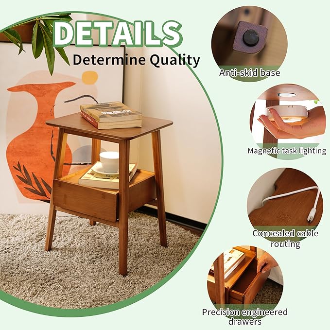 Fluted Nightstand with Drawer – Tall Solid Bamboo Bedside Table with Open Shelf