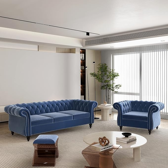 ORRD 2 Pieces Living Room Set, Velvet Couch Chesterfield Sofa Couch Chair