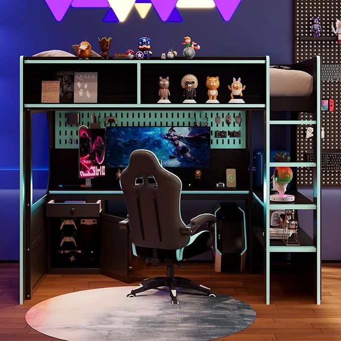 Modern Gaming Loft Bed with Built-in Desk, LED Lighting & Charging Hub –Twin