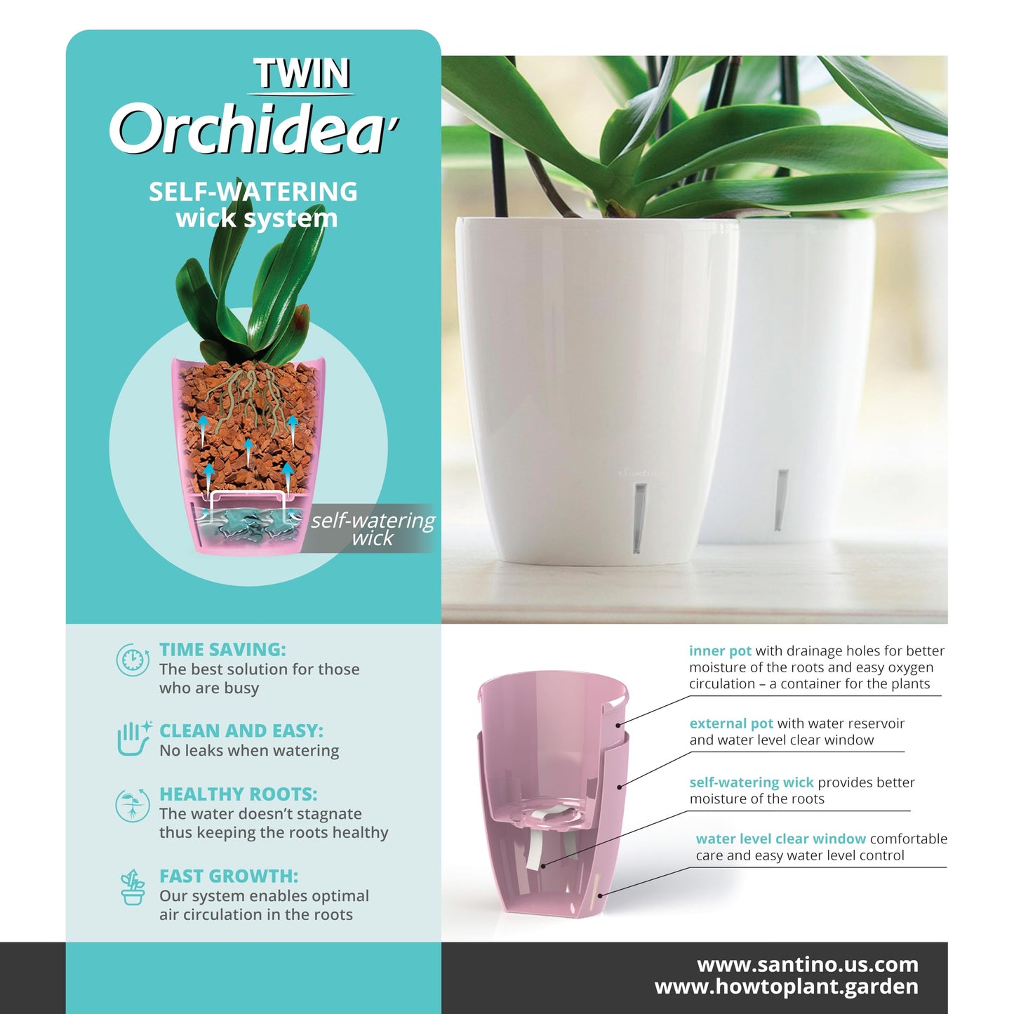 DECOPOTS - Self Watering Orchids Pots Set of 3 - Wicking Planter for Flowers - Water Level Indicator (5.9" Diameter, White)