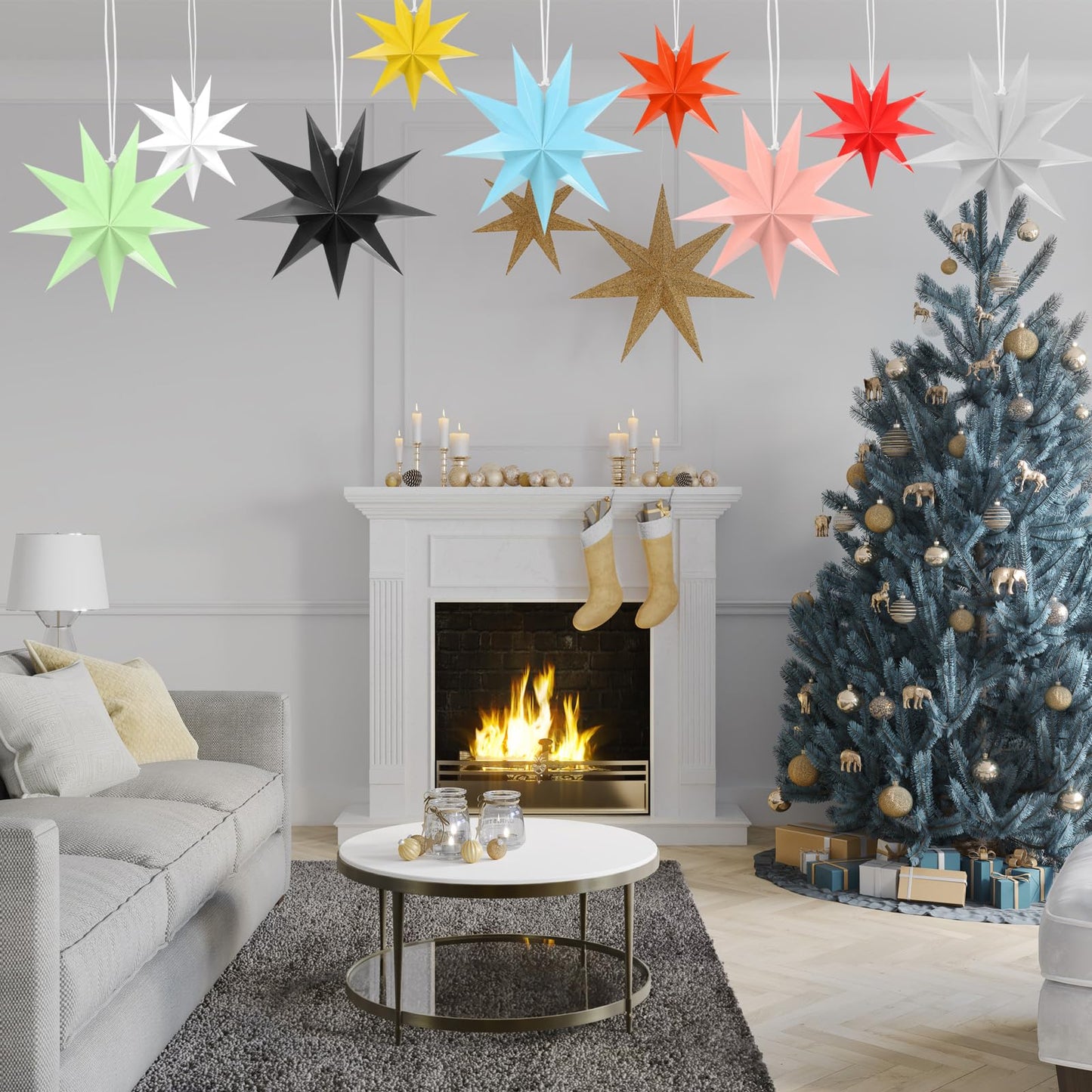 MECCANIXITY 5 Pcs Paper Star Lanterns 9-Pointed 12" Hanging Star Paper Lantern Hanging Lampshade for Christmas,Wedding,Graduation Party Supplies, Silver