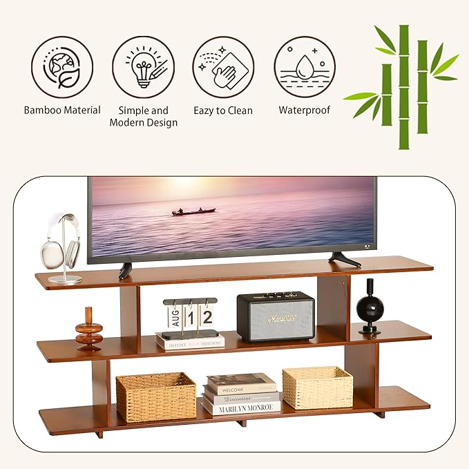 Bamboo TV Stand for TVs up to 65", 3 Tier Accent Entertainment Center