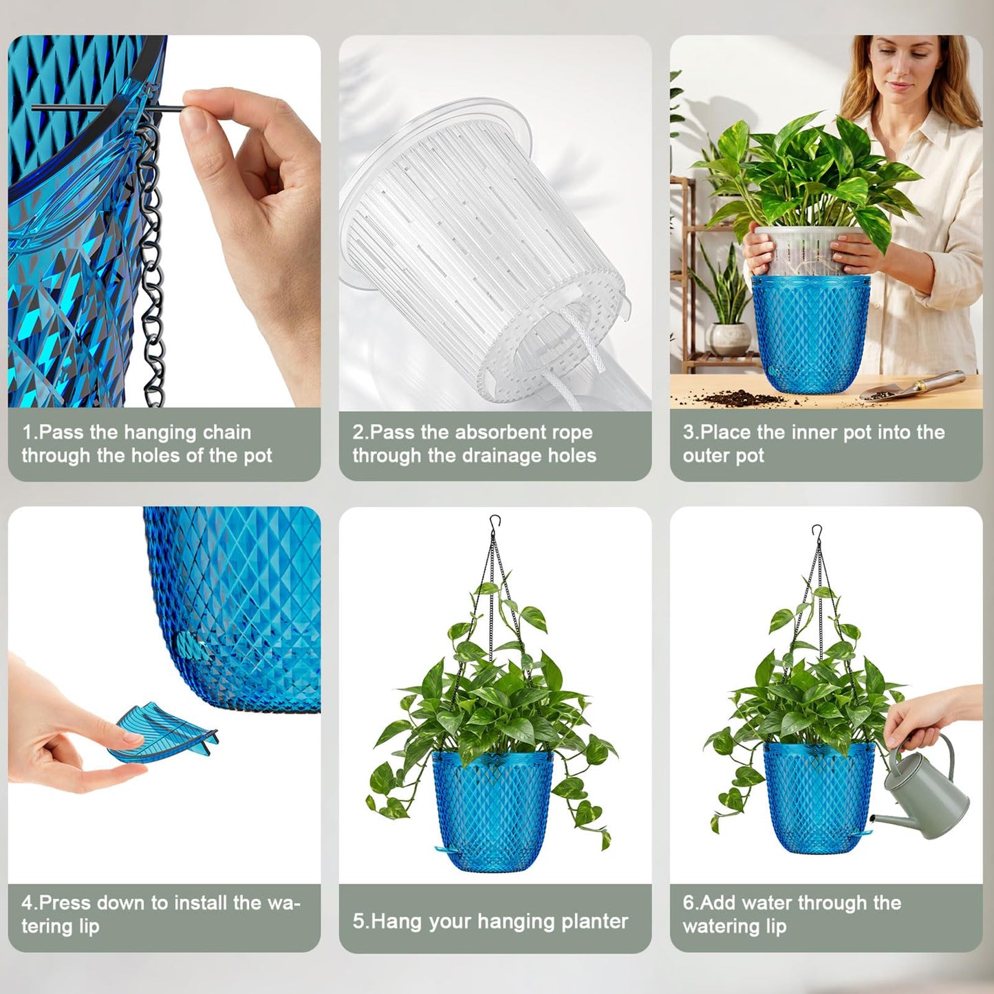QCQHDU Hanging Planters for Indoor Plants, 2-Pack 5.7 Inch Self Watering Hanging Pots, Plastic Plant Hanger with Drainage Holes and 3 Hooks Chains for Garden Home (Klein Blue)