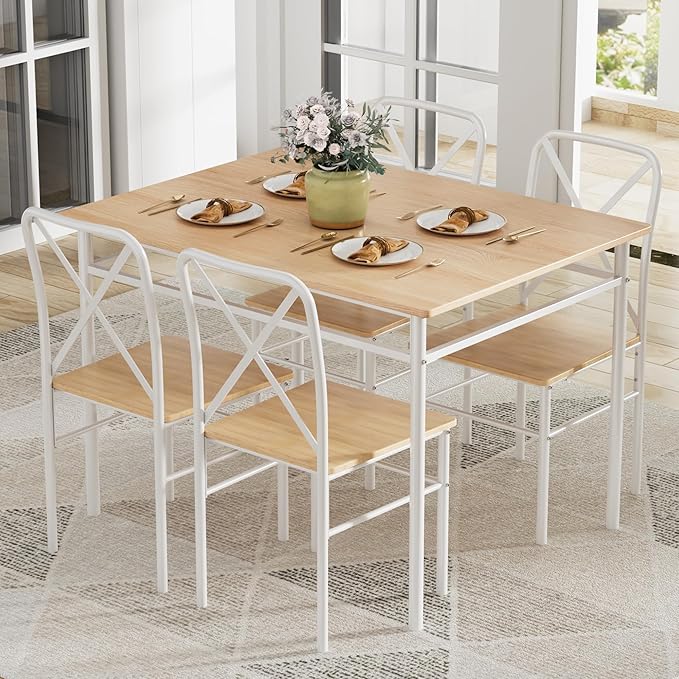VECELO Dining Table Set for 4, 5-Piece Wood Kitchen Table
