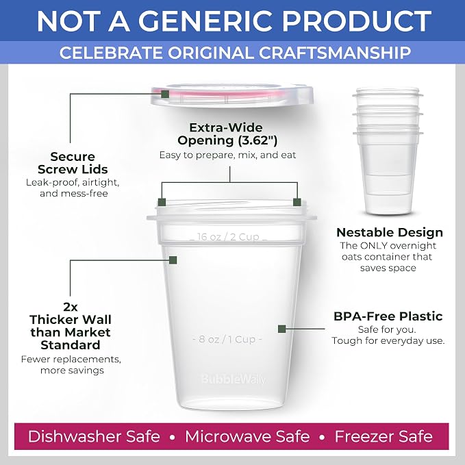 BubbleWally JoyPlus Overnight Oats Containers with Lids Plastic (Pink) - Meal Prep Containers Reusable for Food Storage – 16oz Jars for Breakfast, Snacks, and Lunch