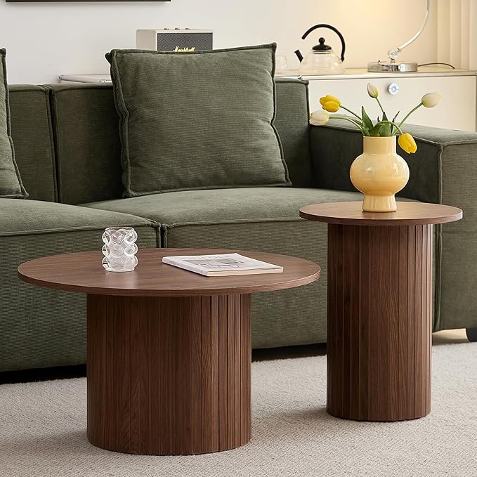 Round Nesting Coffee Table Set of 2 Mid Century Modern Wood Round Coffee Tables