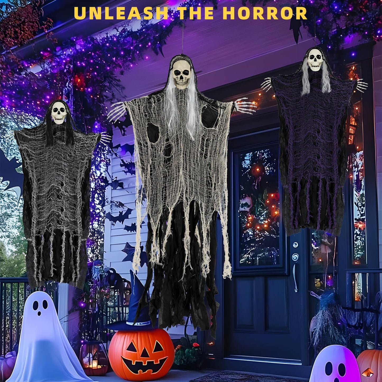 QPMR Halloween Decorations Outdoor/Indoor,Set of 3 Scary Hanging Ghosts,Halloween Grim Reaper Skeleton, Scary Party Decorations,Haunted House Decor for Yard/Lawn/Garden.
