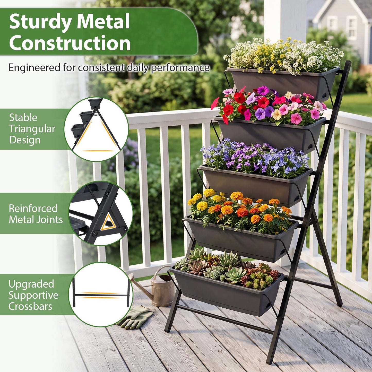 Giantex 5-Tier Vertical Garden Planter, Raised Garden Bed w/Drainage System & Removable Tray, Metal Frame Elevated Planter Boxes for Herb Vegetable Flower Grow, Outdoor Indoor Patio Balcony Backyard