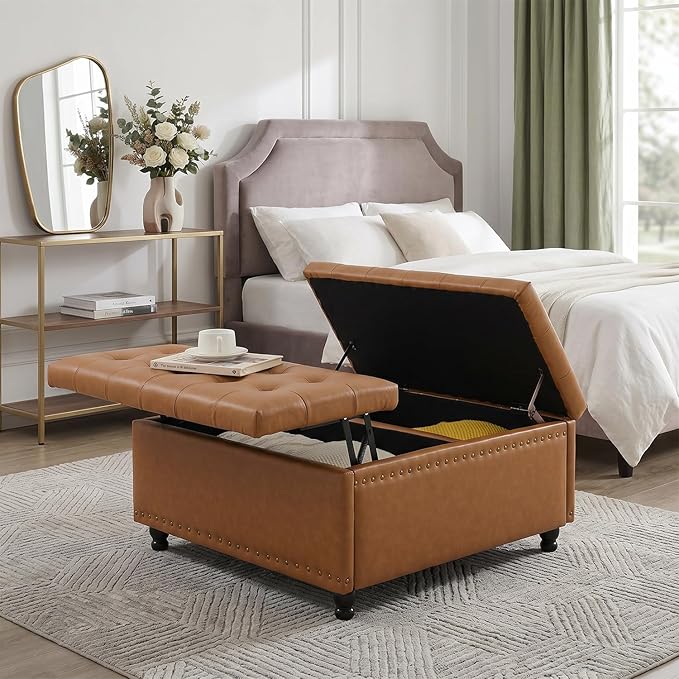 Tbfit Large Square Storage Ottoman Bench, Tufted Upholstered Coffee Table