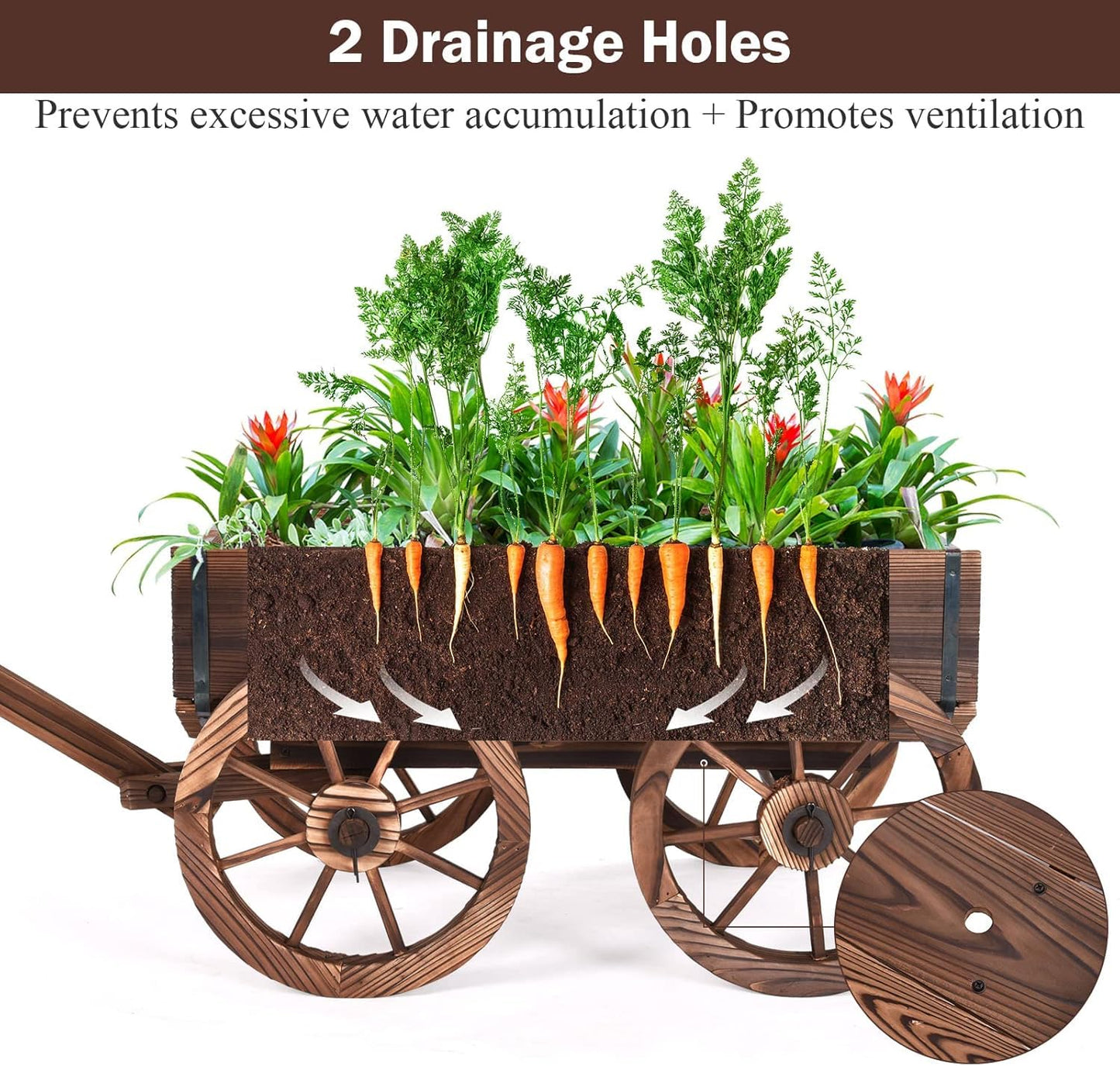 LDAILY Wooden Wagon Planter Pot, Decorative Flower Cart with Handle, Wheels, Drain Holes, Outdoor Rustic Wheelbarrow Planter Stand for Patio, Garden, Backyard, Balcony, Brown