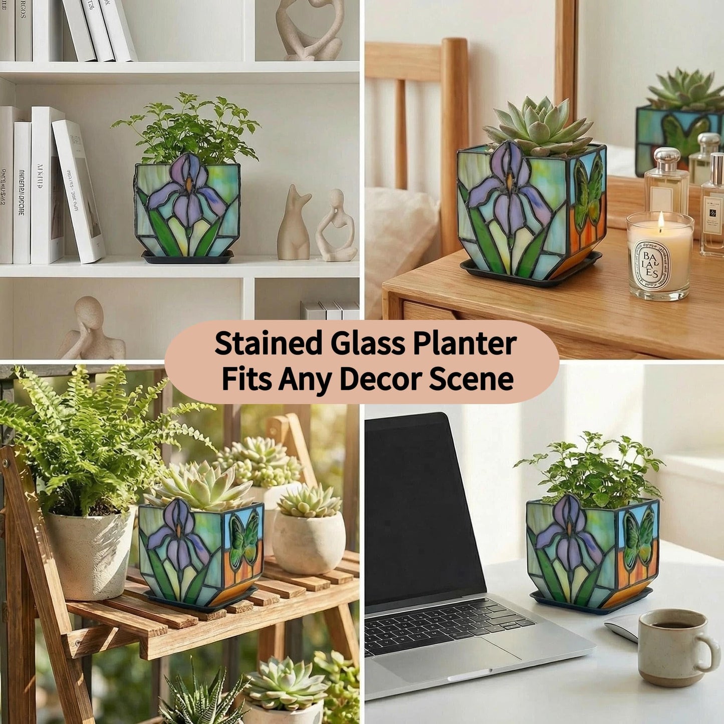 Entlityful Handmade Tiffany Style Stained Glass Iris Planter, Decorative Succulent Pot with Drainage, Indoor Plant Pot for Home Decor, Unique Gardening Gift for Plant Lovers, Mom, Women