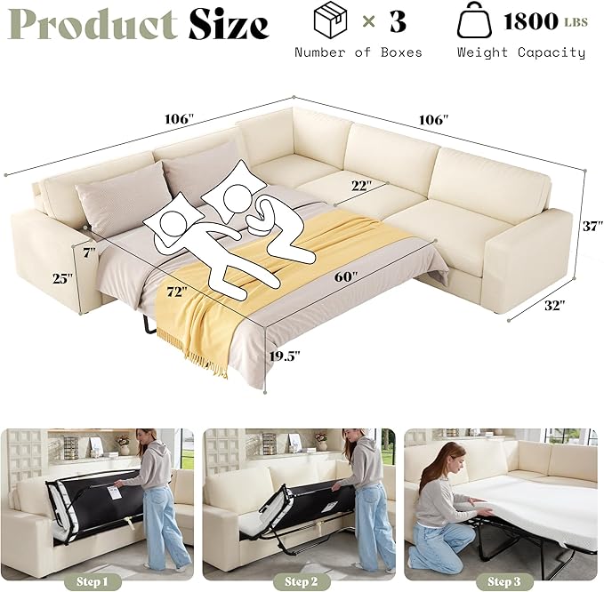 AMERLIFE 106" Oversized Sofa Bed, Sectional Sleeper Sofa