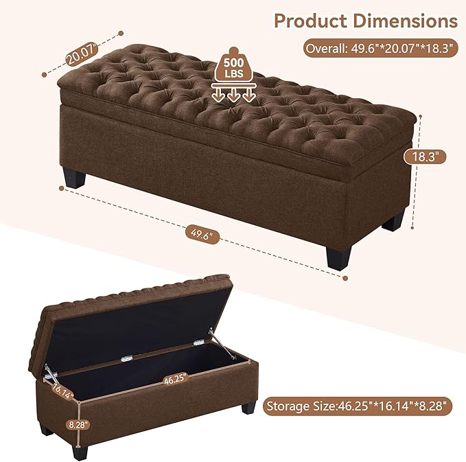 WUTUTUEE 50" Fabric Storage Ottoman Bench, Upholstered Rectangle End of Bed