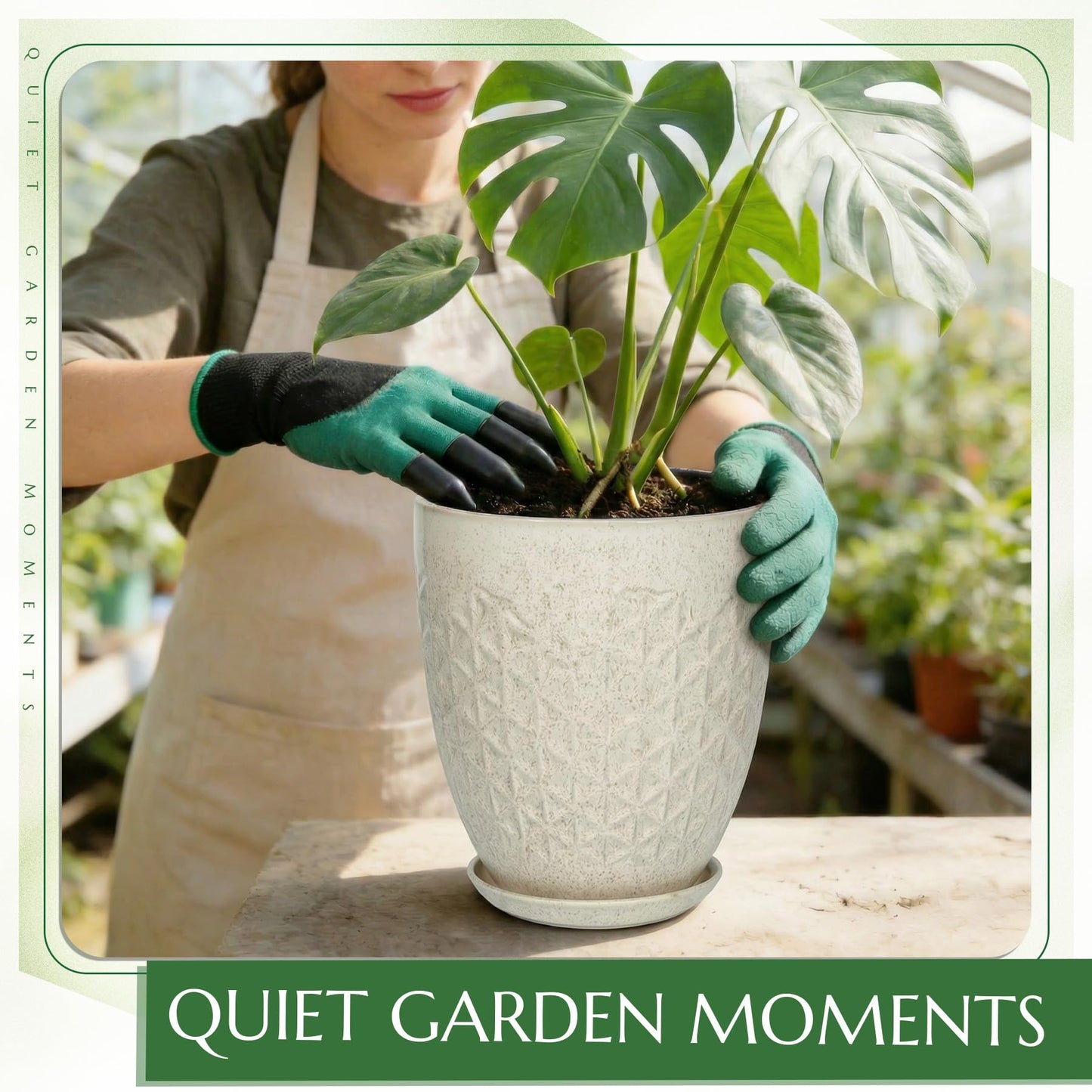TOSELBAI 11.8 Inch Flower Pots for Indoor Plants,Ceramic Planter with Saucer Drainage Leak-Proof Mesh Gardening Gloves (Silk-White)