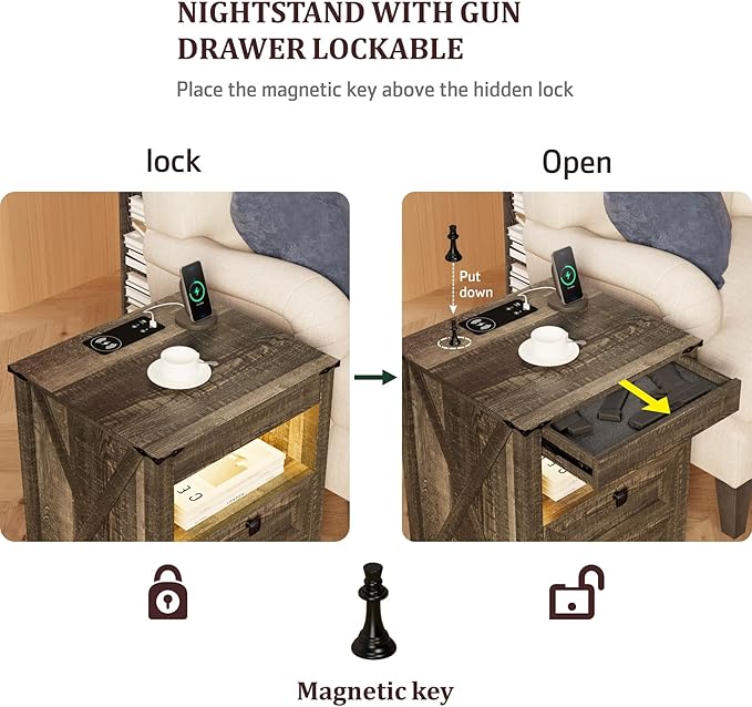HWB LED Nightstand with Gun Drawer: Bedside Table with Charging Station