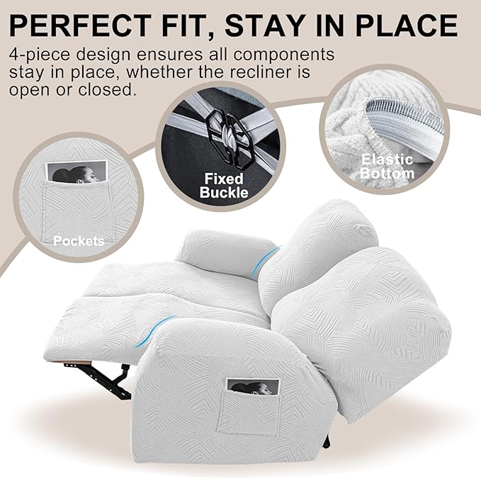 Recliner Loveseat Covers, 4-Piece Stretch Geometric Strokes Jacquard Reclining
