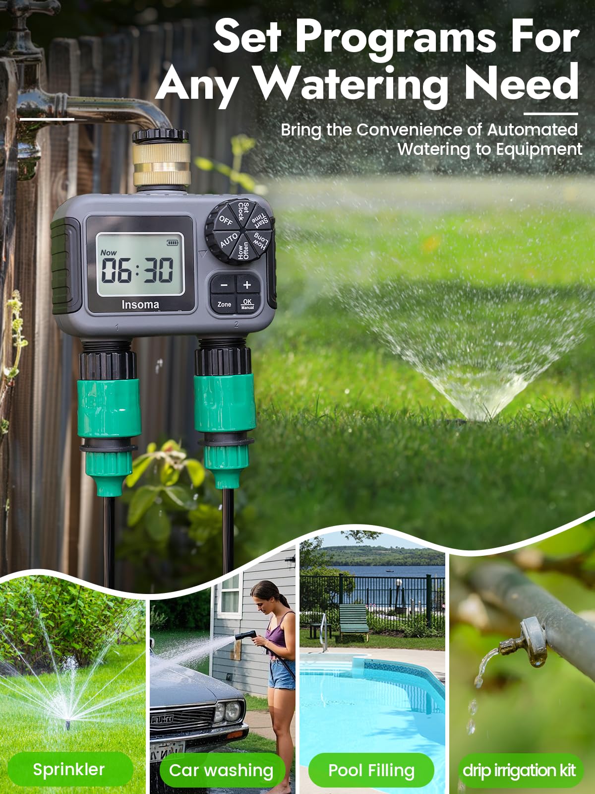 Insoma 2-Zone Hose Timer - Brass Inlet Dual Outlet Sprinkler Timer with Rain Delay/Manual/Auto Modes, 2-Outlet Water Timers for Garden/Greenhouse/Flower Irrigation, Durable Faucet Timers for Lawn Care