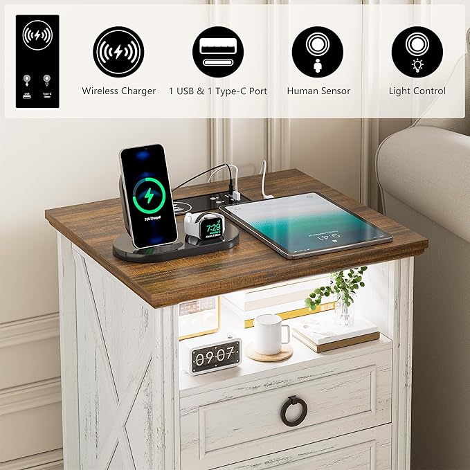 Nightstand Set 2 with Charging Station, Farmhouse End Side Table with 3 Drawers