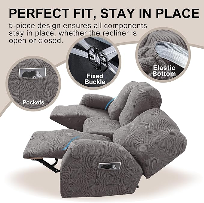 5-Piece Recliner Sofa Covers, Stretch Geometric Strokes Jacquard Recliner Sofa