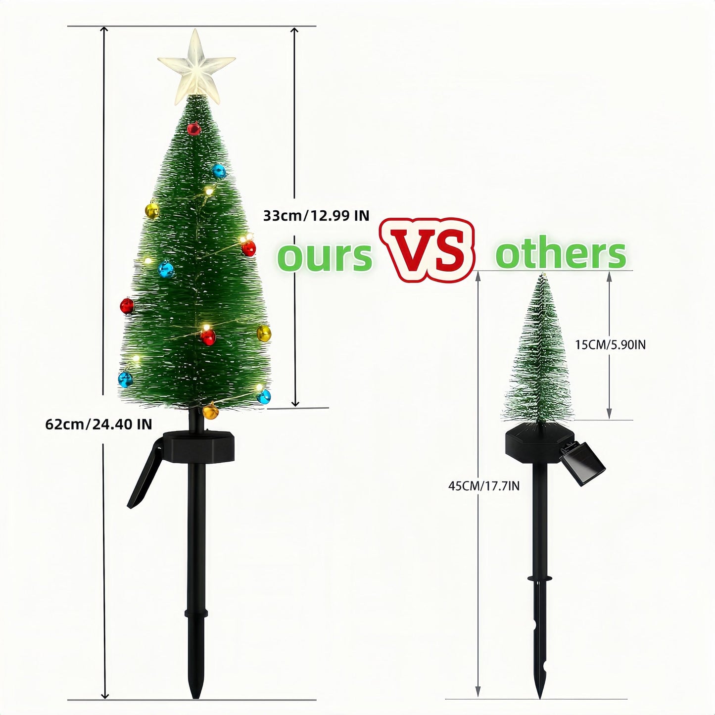 Solar Christmas Tree Outdoor Christmas Decorations, Small Xmas Tree Lights with 24 Mini Bells & 1 DIY Big Bell,Waterproof Solar Christmas Lights for Yard Front Porch Pathway Grave Cemetery Decor
