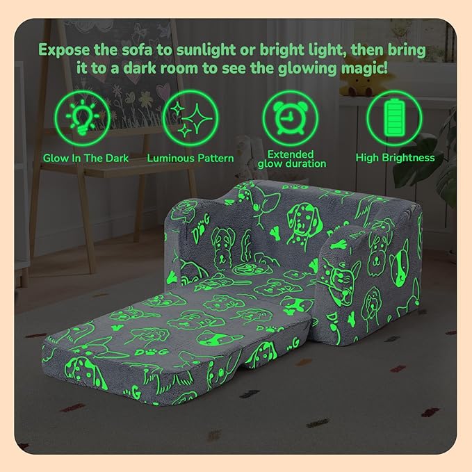 MeMoreCool Glowing Dog Print Kids Chair, 2-in-1 Foldable Kids Couch