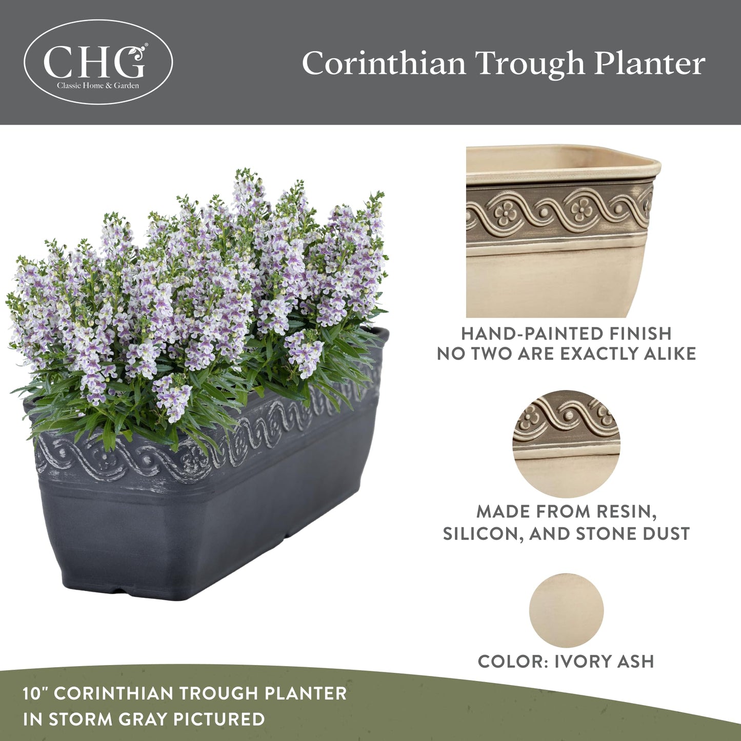 Classic Home and Garden Corinthian Resin Flower Pot Rectangle Planter, Concrete Grey, 18"