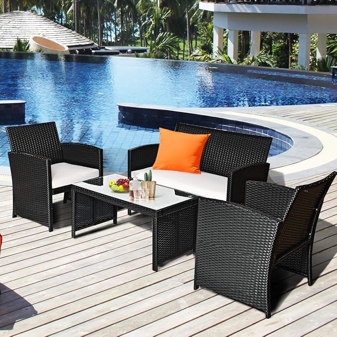 Tangkula Patio Wicker Conversation Furniture Set, Patiojoy Sofa & Table Set w/4