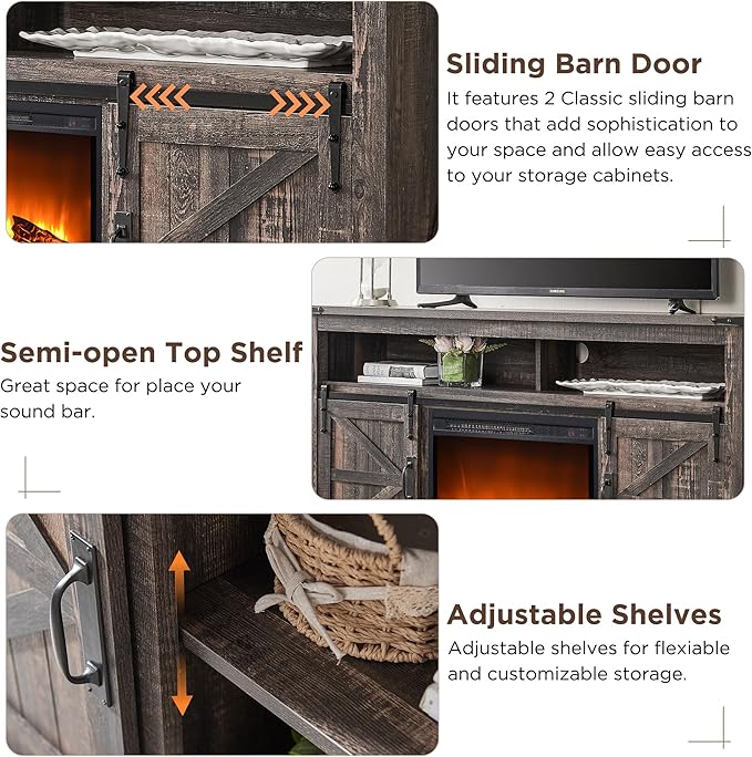OKD Fireplace TV Stand for 65+ Inch TV, Rustic Media Console w/Sliding Barn