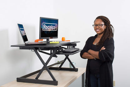 Rocelco 46" Large Height Adjustable Standing Desk Converter with Anti Fatigue Mat BUNDLE - Quick Sit Stand Up Triple Monitor Riser - Retractable Keyboard Tray - Black (R DADRB-46-MAFM)