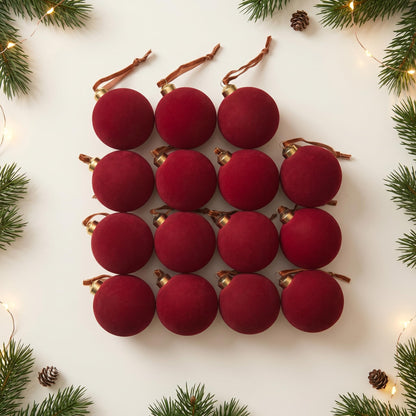 15 Pcs Red Velvet Christmas Decorations Balls, 2.65 Inch Christmas Ornaments for Xmas Tree Decor, Dark Red Flocked Ball for Family Holiday Party Valentines Hanging Decoration