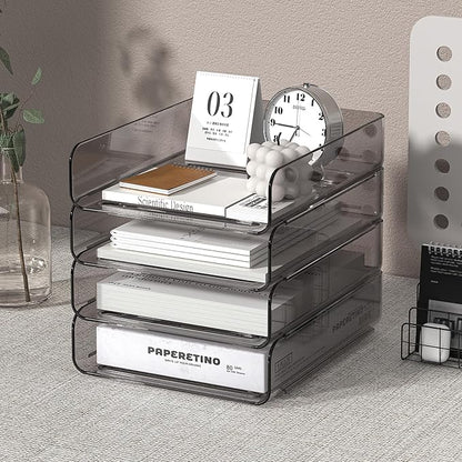 FANXIYQ Clear Paper Organizer - Brown Acrylic Stackable Paper Tray for Desk, 4-Tier Letter Tray Organizer with Smooth Edges and Rounded Corners