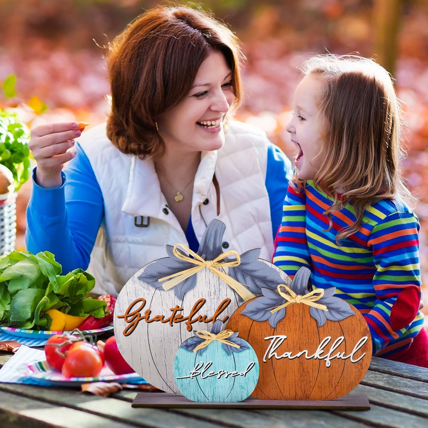 Soaoo Fall Pumpkin Table Decorations Fall Wooden Thankful Blessed Centerpiece Autumn Grateful Tabletop Decor Farmhouse Thanksgiving Harvest Pumpkin Block Signs for Party Rustic Table Shelf Decor Home