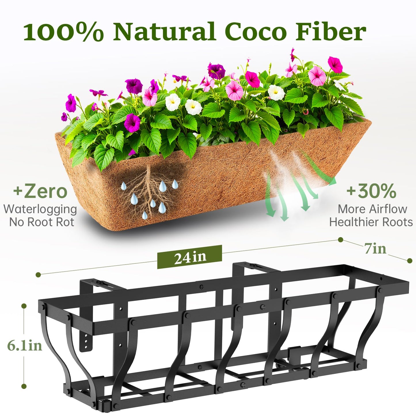 VOXOR Railing Planter Boxes, Heavy Duty Window Box Planters, Adjustable Balcony Planters for Railing Hanging, with Coco Liner & Support Rod for Deck, Porch, and Patio Gardening (3 Pack, 24 Inch)