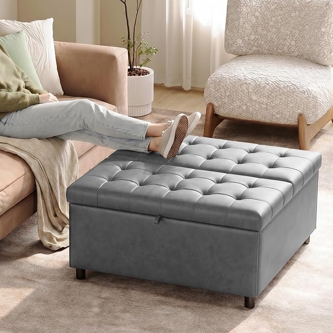 LINLUX Extra Large Leather Storage Ottoman, 35.5 Inch Large Square Lift Top