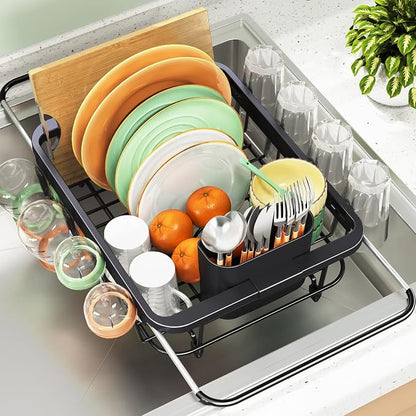 Urackify Expandable Dish Drying Rack Over The Sink, Adjustable Dish Rack in Sink, Rustproof Dish Drainer for Kitchen Counter, Dish Strainer with Utensil Holder (Black, Standard)