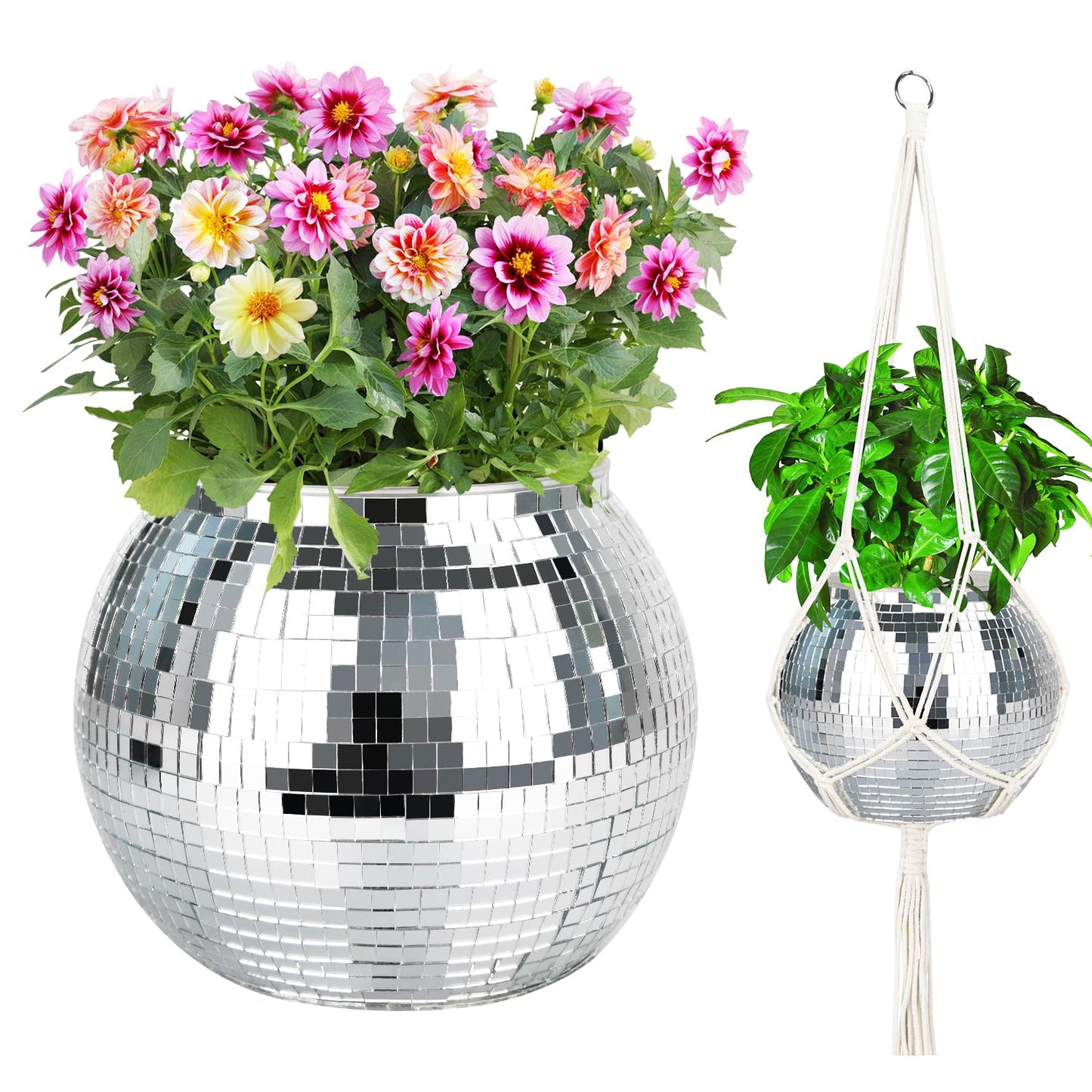 FGBNM Disco Ball Planter, 1pcs 9” Silver Disco Ball Planter, Disco Ball Plant Hanger with Hanging Rope, Hanging Chain, Hook, Circle and Extra Mirror Pieces