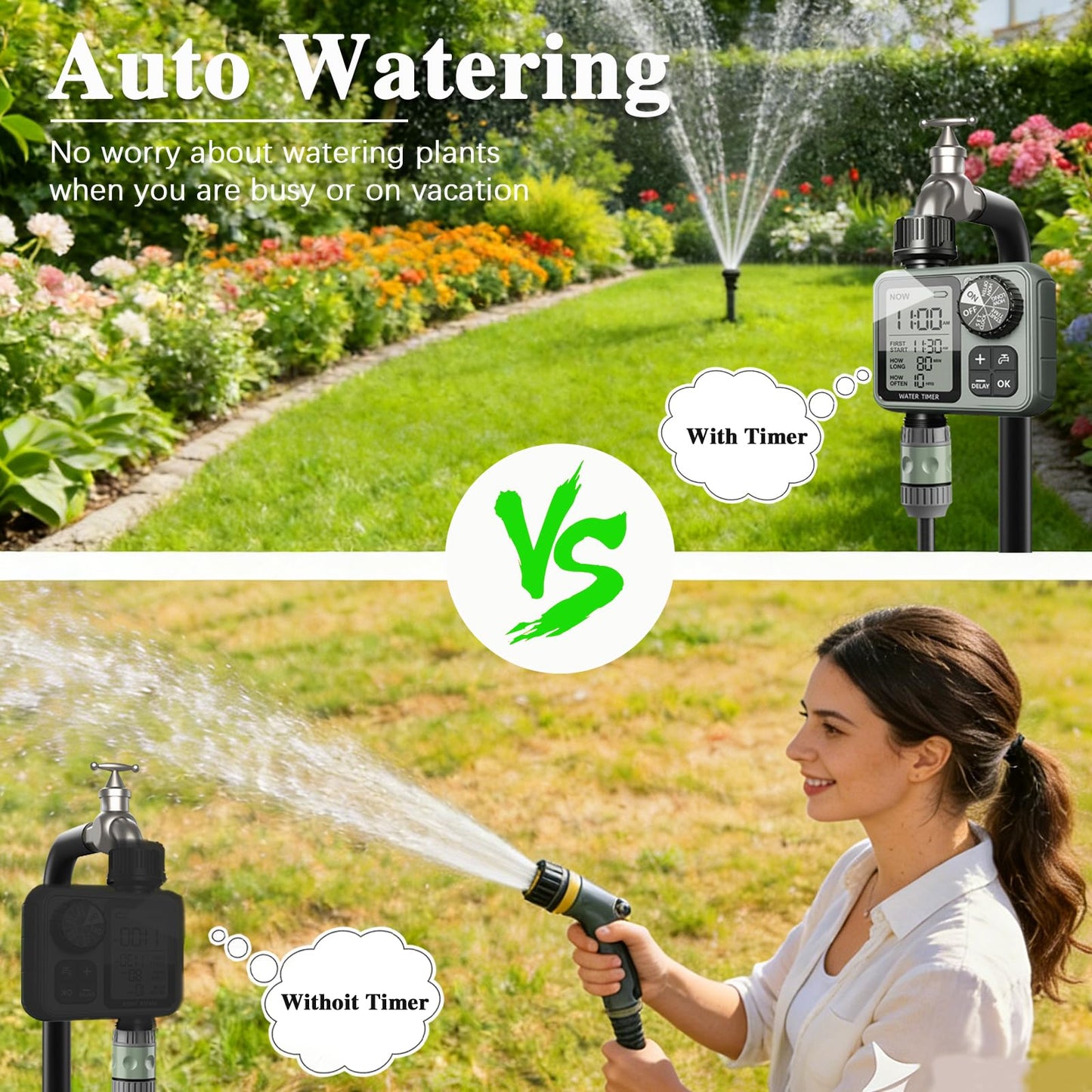 Sprinkler Timer Ourdoor,Digital Pogrammable Hose Timers with Rain Delay/Manual/Automatic Hose Timers for Watering,Smart Water Timer for Garden Hose with Large Display for Garden, Lawn, Yard
