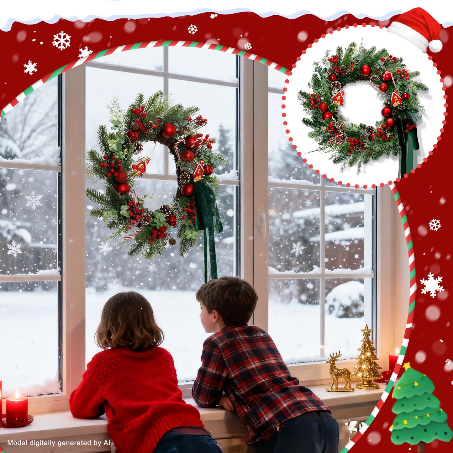 20" Christmas Wreath for Front Door, Christmas Door Wreath Decoration with Ball Ornaments, Red White Candy, Pine Cones Berries & Bow, Holiday Decoration
