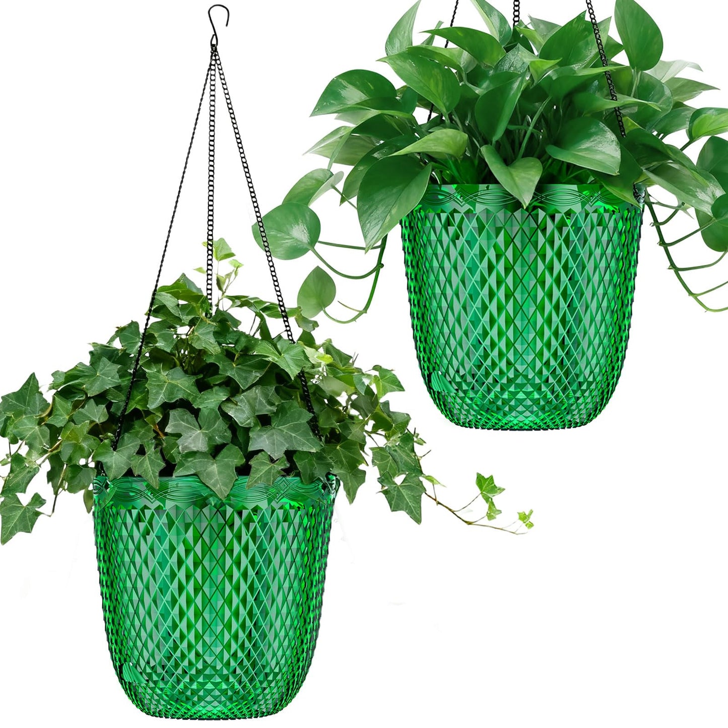 QCQHDU Hanging Planters for Indoor Plants, 2-Pack 7.2 Inch Self Watering Hanging Pots, Plastic Plant Hanger with Drainage Holes and 3 Hooks Chains for Garden Home (Emerald)