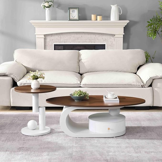 Modern Oval Coffee Table Set of 2, Wood Living Room Accent Coffee Table and