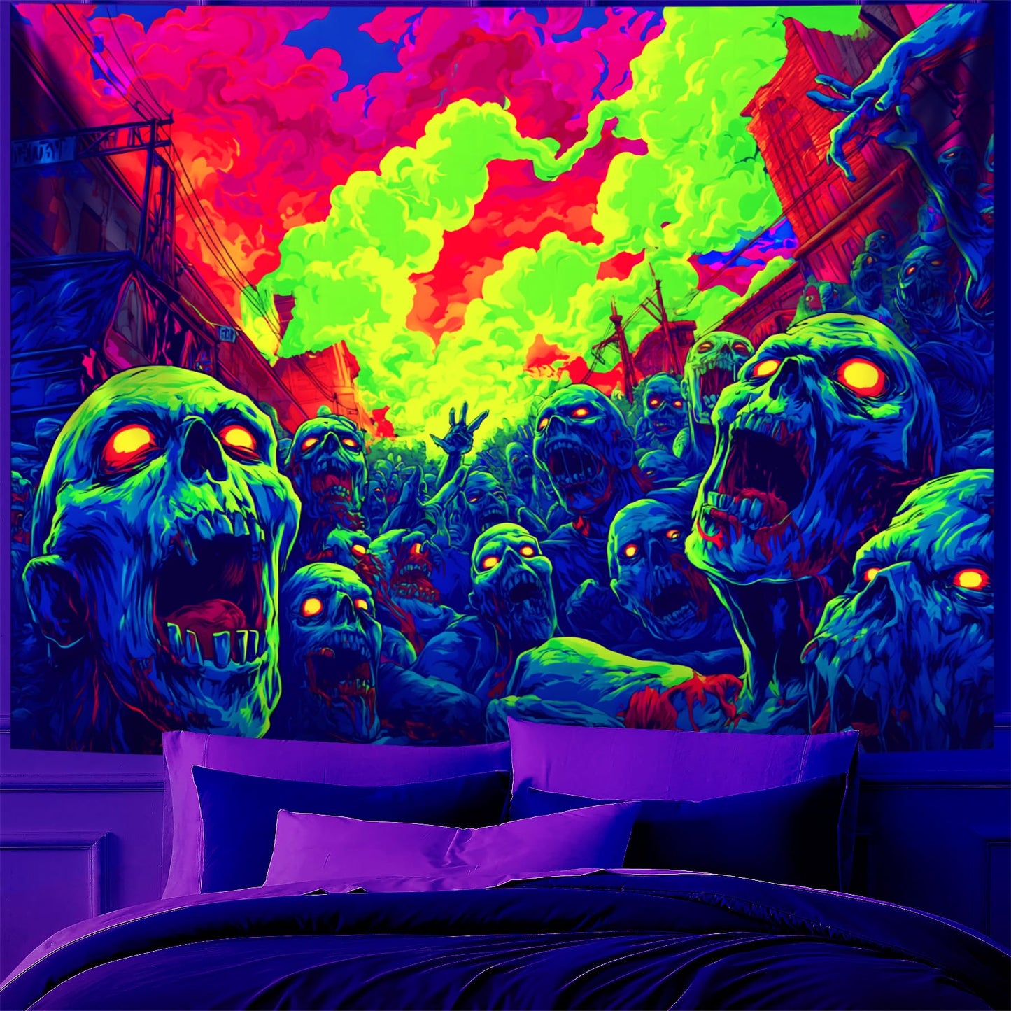 BVBOX Blacklight Halloween Tapestry Horror Moon Night Scary Cemetery Pumpkin Lantern Halloween Tapestry Wall Hanging Skull Horror Poster Banners for Bedroom Livingroom (Zombie-1, 59L x 51W, Unframed)
