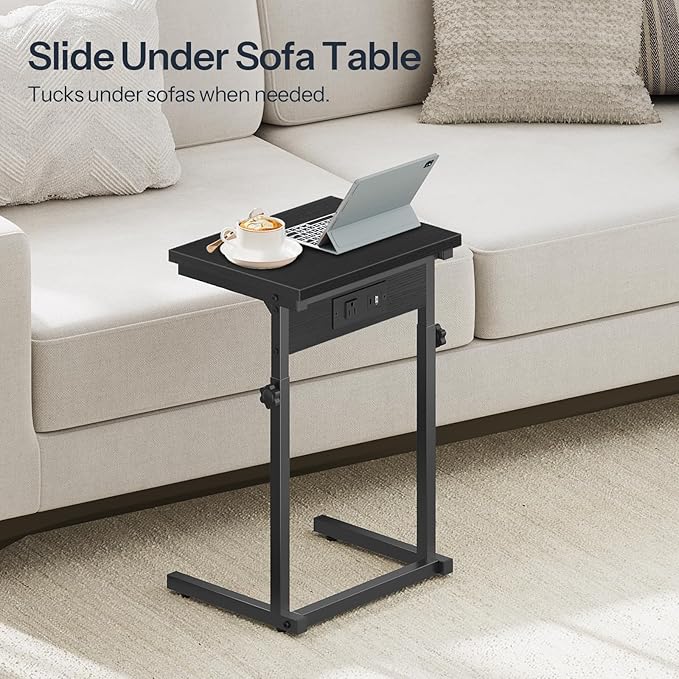HOOBRO C-Shaped End Table with Charging Station, Adjustable Height Sofa Tray