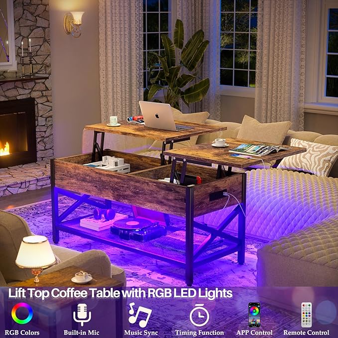 Aheaplus Coffee Table with LED Light and Power Outlet, Modern Lift-Top Center