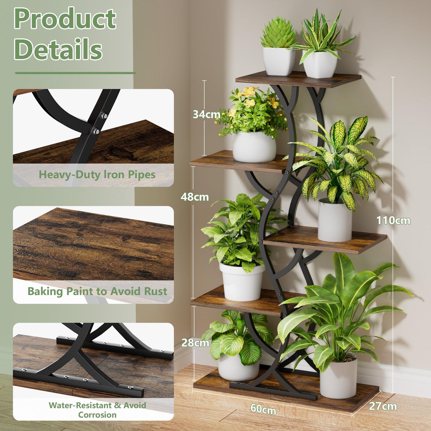 Plant Stand Indoor with Grow Lights - 44" Tall Corner Plant Stands for Indoor Plants, 5 Tiered Metal Plant Shelf, Curved Plant Flower Holder Dispaly Rack for Living Room, Home Patio Balcony (Black)